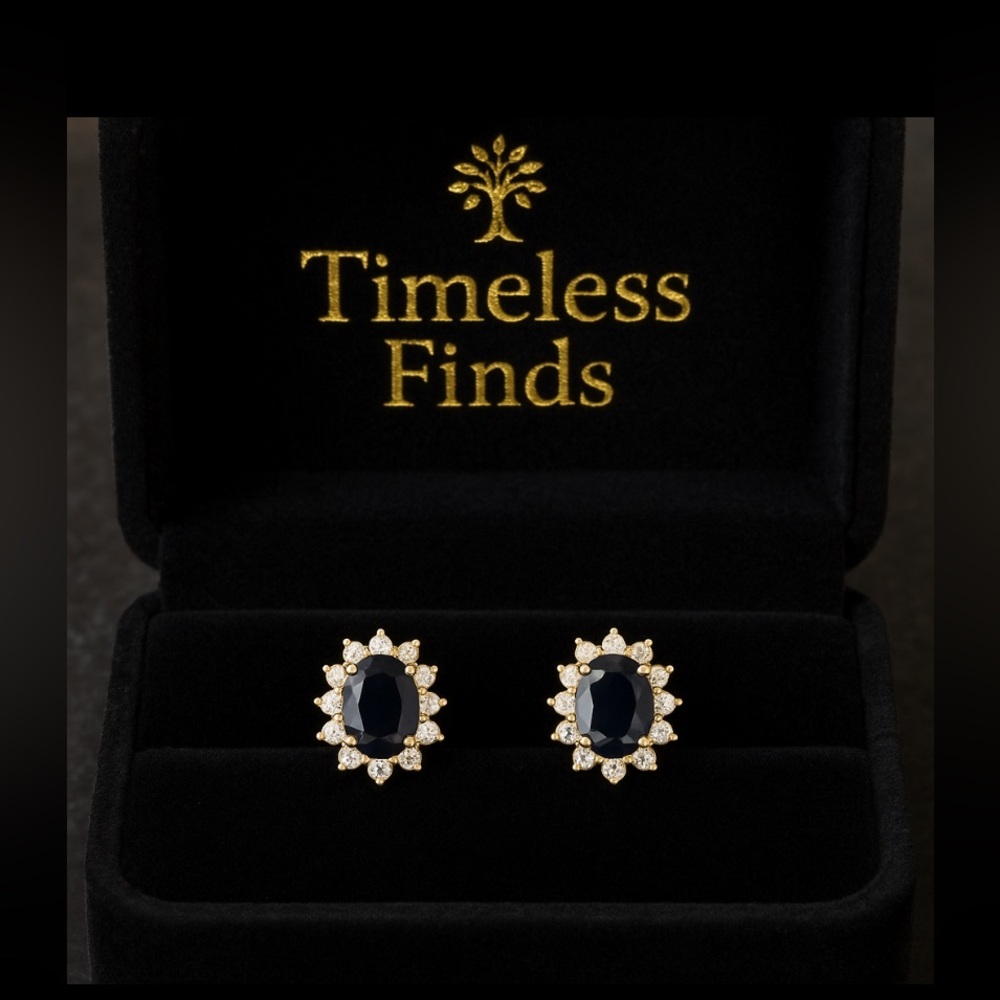 14K Gold Diamond 1.18ct Sapphire Small Halo Oval Stud Earrings